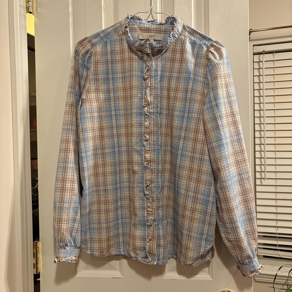 LOFT Button Up Shirt Women’s Small S Plaid Long Sleeve Blouse Preppy Fall Ruffle
